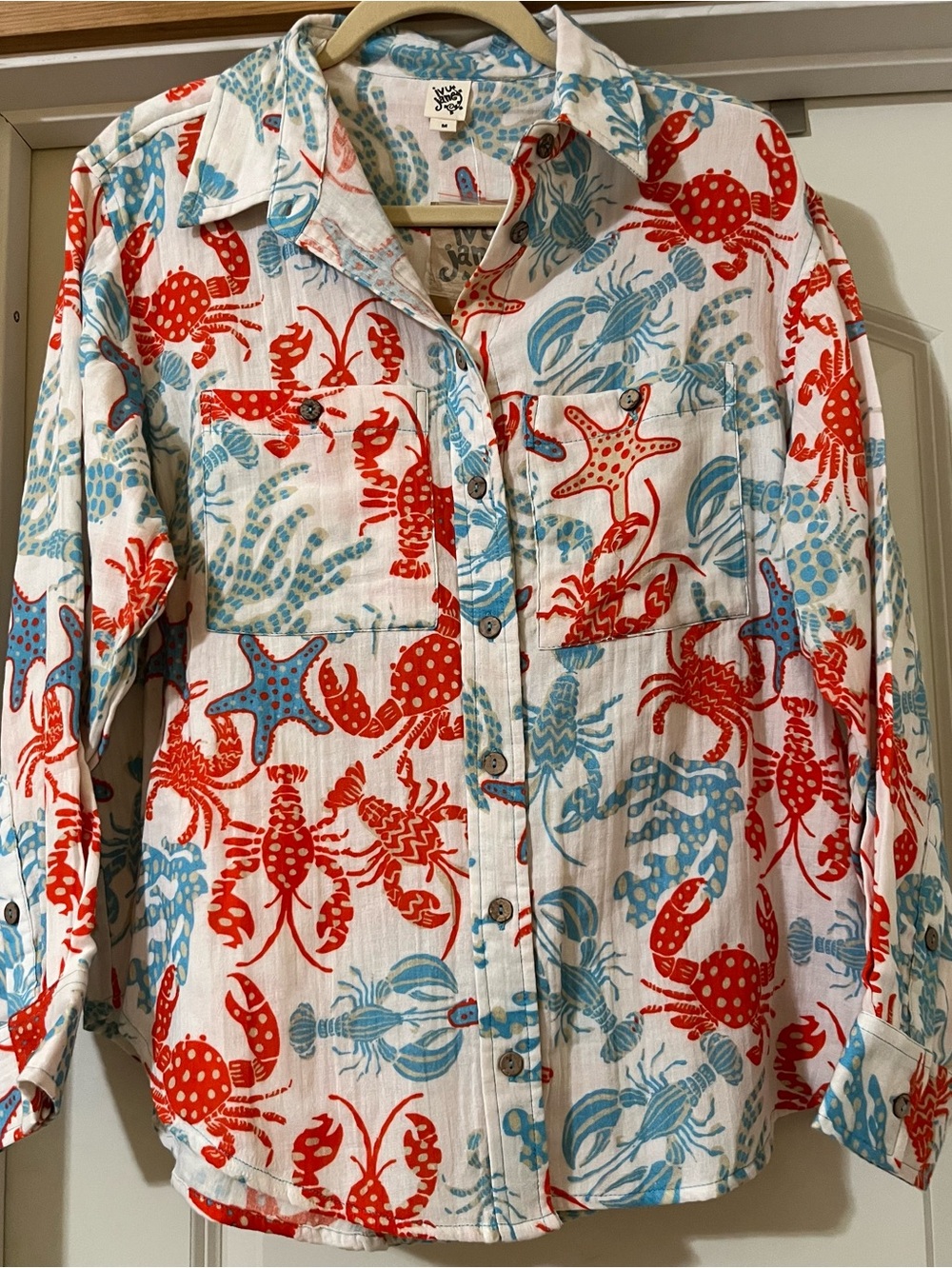 Ivy Jane Seaside Lobster Starfish  Beach  Button-Front Shirt  NWT! Gauzy Fabric
